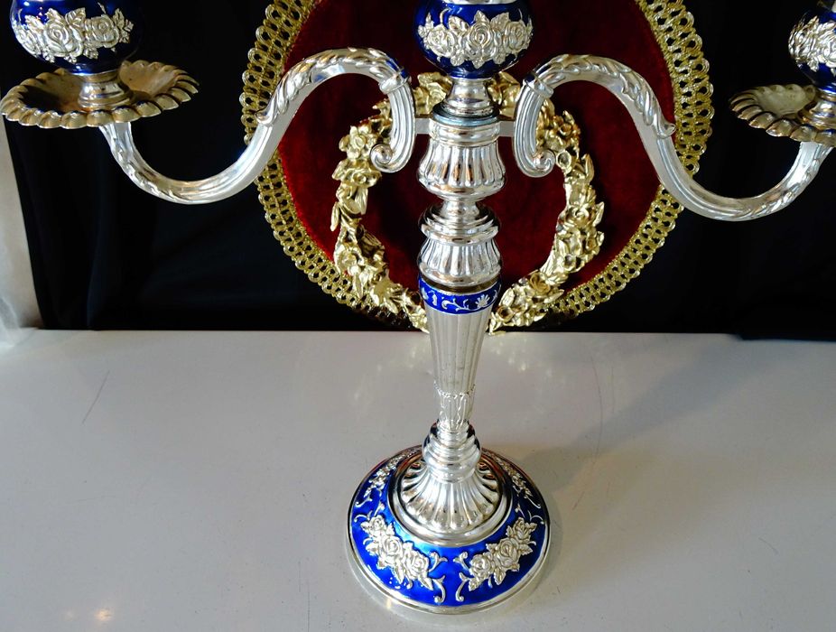 Посребрен троен свещник,рози,кобалт,рококо.