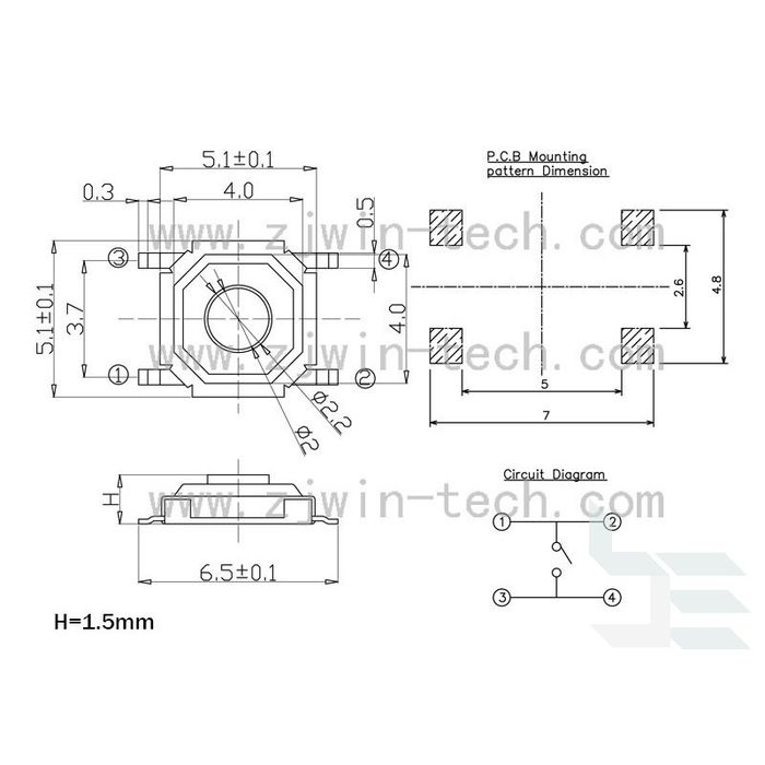 Микробутони (тактилен бутон) TS-1252S, 5.2x5.2x1.5мм, SMT 100бр.