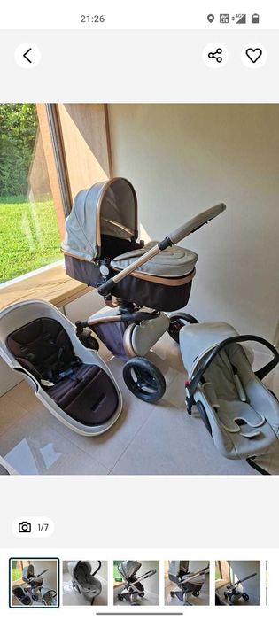 Cărucior 3 în 1 Babyfond, cadru auriu din aliaj de aluminiu, rotație la 360 de grade, reversibil, din piele ecologica