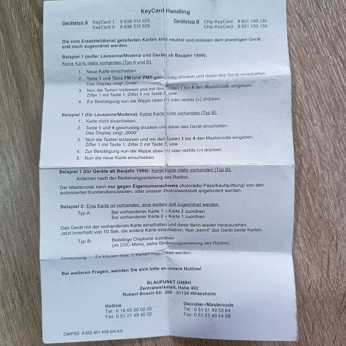 Карточка для магнитолы Blaupunk