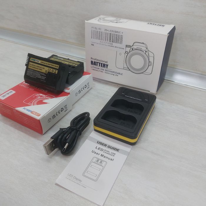 ПЪЛЕН КОМПЛЕКТ: 2 бр. Батерии PowerTrust EN-EL15C (2280mAh) + Двойно Смарт LED Зарядно за Nikon НОВ