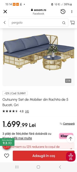 Vand coltar din ratan pentru terasa ,fara defecțiuni.Este abea cumpărat doar ca ocupa mult spațiu si din acest motiv suntem nevoiți sa il schimbam.