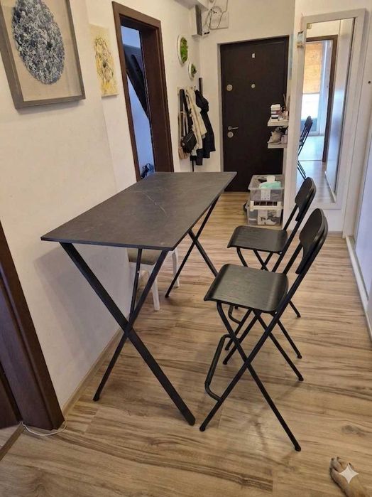 Set Masă si Scaune  Înalte, Stil Industrial, cu Efect de Marmură, din Lemn și Oțel, 120x60x102 cm, Negru si scaune inalte si pliabile rezistente