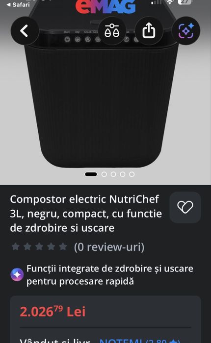 Compostor electric NutriChef 3L, negru, compact, cu functie de zdrobire si uscare