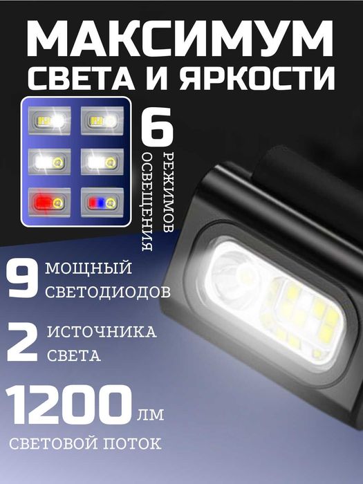 Налобный и нагрудный фонарь с магнитом, двойной свет и 6 режимов света
