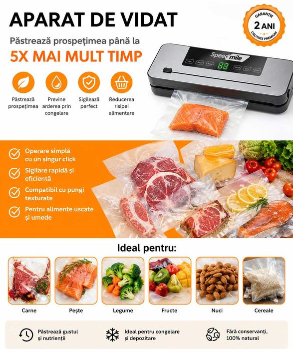 Aparat de Vidat Alimente Speedmile, 30 cm, 120W, Otel Inoxidabil, Set complet cu 30 pungi si 3 role de vidat