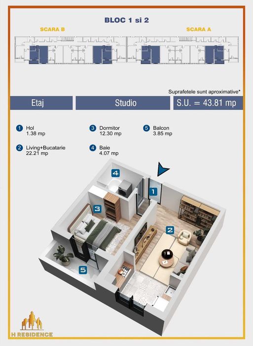 APARTAMENT TIP STUDIO 44mp - BLOC NOU - direct dezvoltator