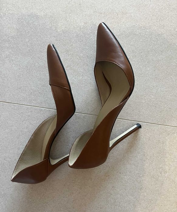 Pantofi toc stiletto, din piele naturala maro havan, masura 37