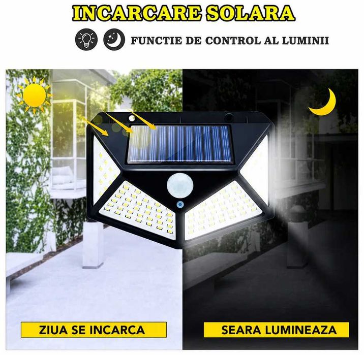 Lampa Solara Jortan 100LED IP65 Senzor Miscare 3 Moduri de Lumina
