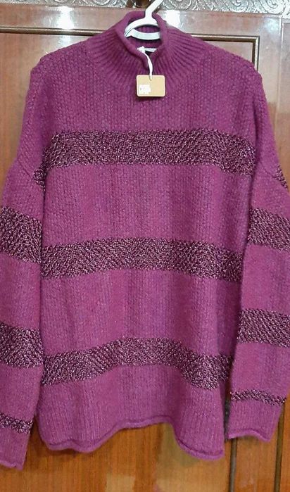 Теплый шерстяной свитер раз овер 48-54 бордовый Турция с люрексом