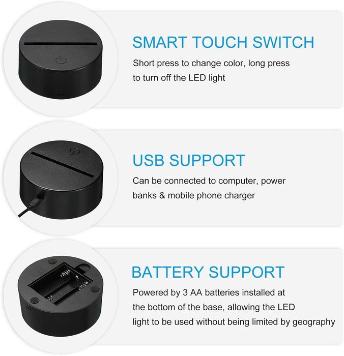 3D LED нощна лампа с основа: LED основа с дистанционно управление и USB кабел, 3D илюзорна лампа
