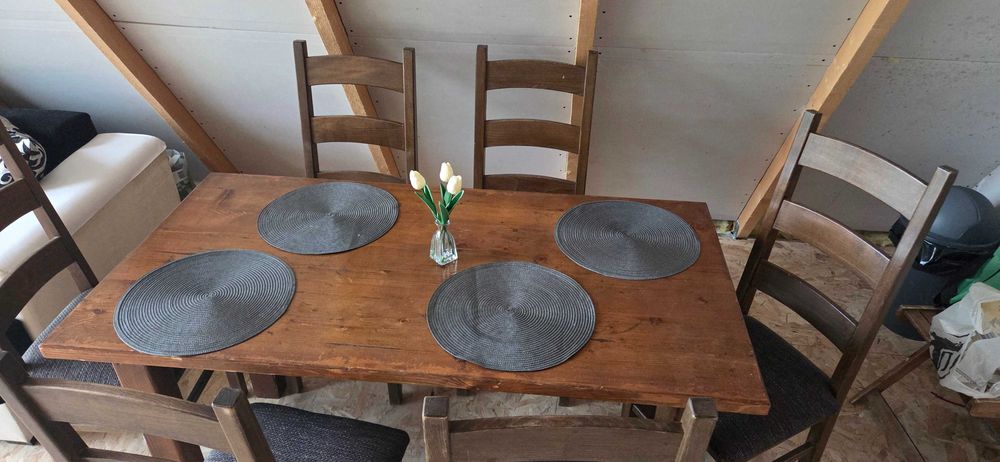 Set masă lemn masiv +6 scaune tapitate