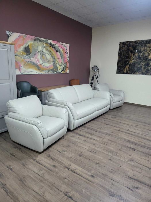 Светло кремав/сив кожен комплект тройка с два фотьойла