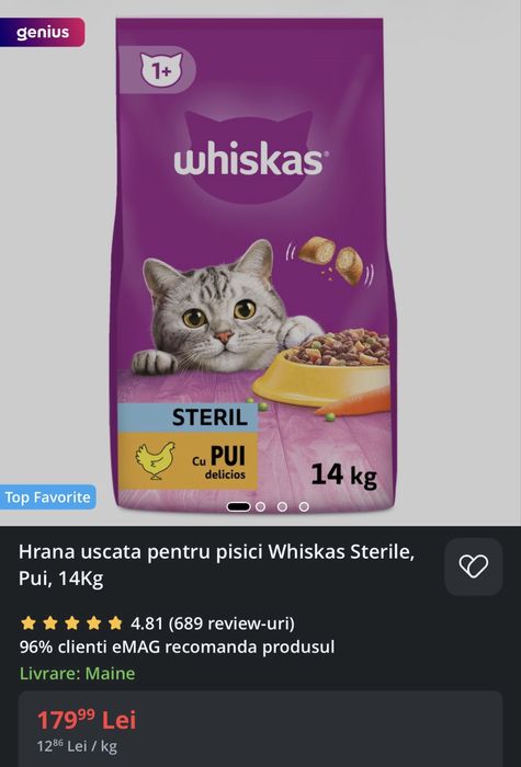 Hrana uscata pentru pisici Whiskas Sterile, Pui, 14Kg