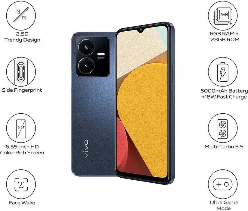 Нов смартфон Vivo Y22S, 6/128GB, Snapdragon 680, 50 Mpx, неразпечатан