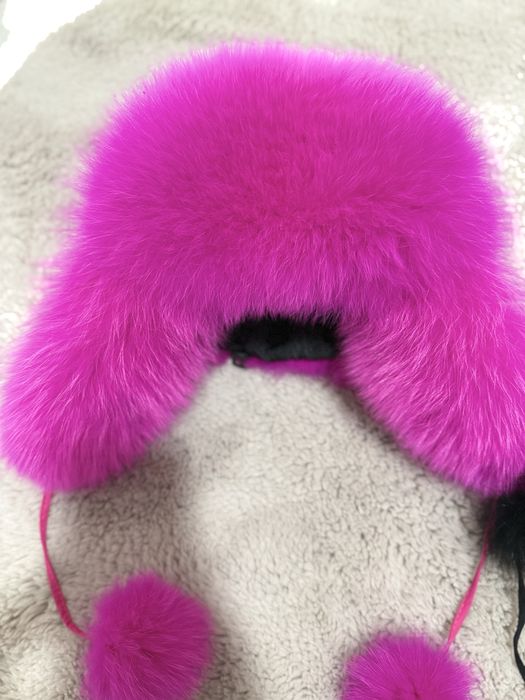 Шапка ушанка  естествена кожа  черна и розова
