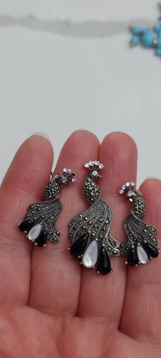 Set argint cu sidef,onix și marcasite model păun