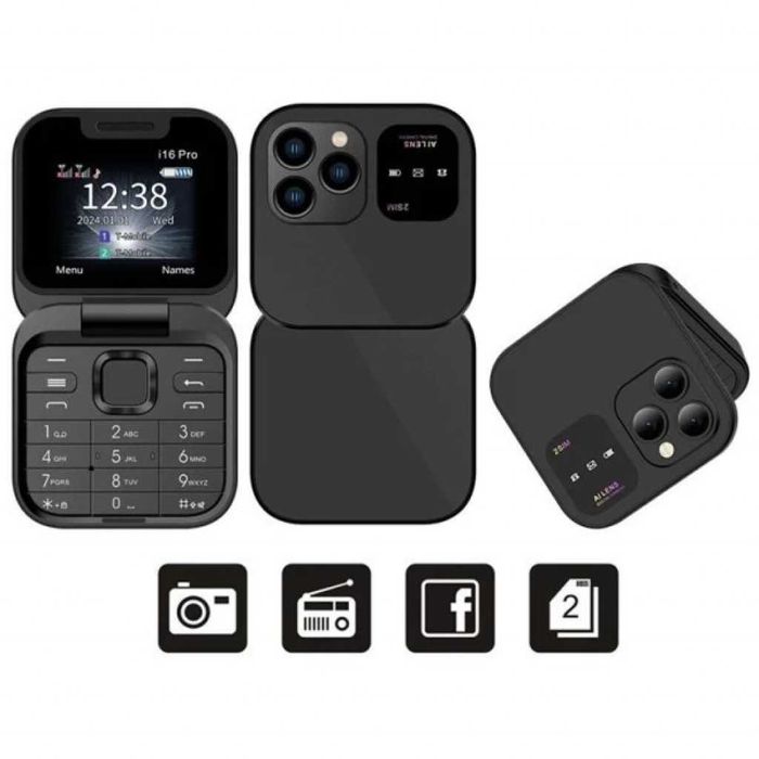 Сгъваем мобилен телефон i16 Pro – 2 SIM, камера, фенерче, FM радио