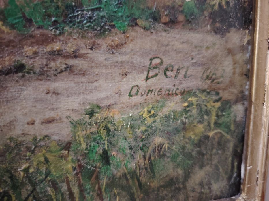 Ulei pe pânză,dimensiuni mari încadrat într-o ramă stil Baroc, reprezentând un peisaj pitoresc de munte cu o așezare. 
Tip obiect: Pictură artistică d