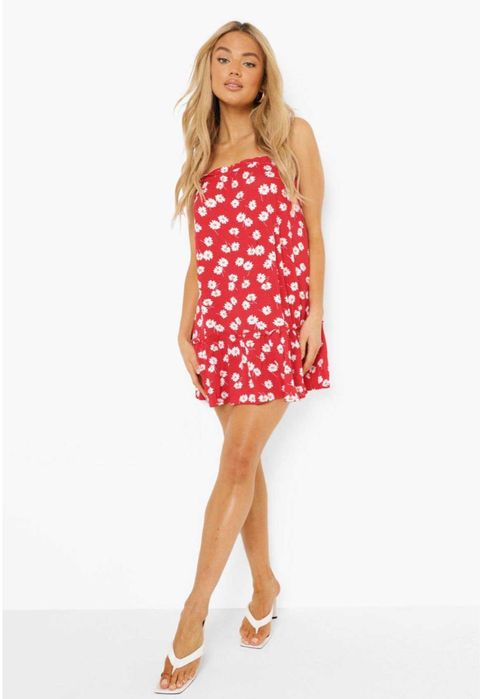 Rochie vara, scurta, rosu cu floricele albe, S