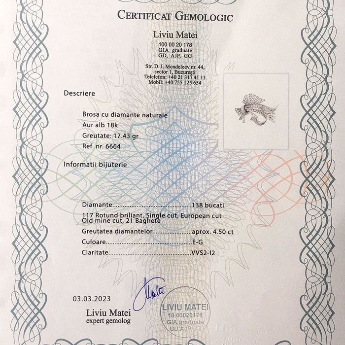 Brosa cca 1970, aur 18k cu 4.50ct diamante, certif.