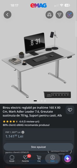 Vand birou electric reglabil pe inaltime 160x80 cm