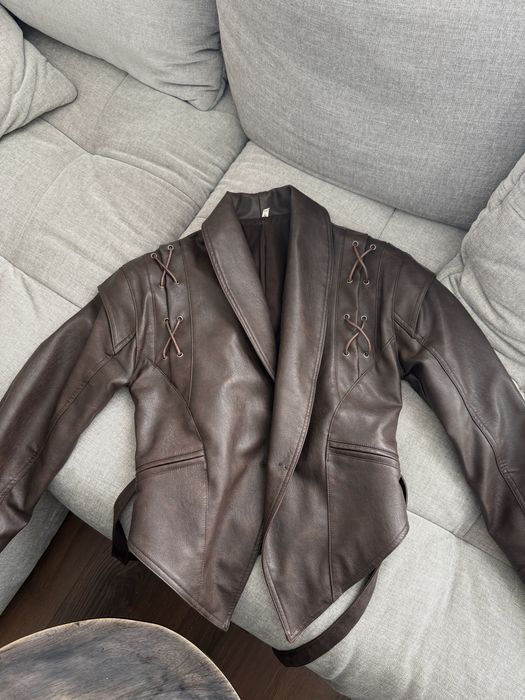 Geaca faux leather, maro, model cu snur marimea S