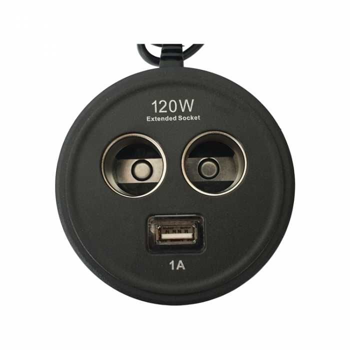 Разклонител за запалка един USB порт и две гнезда 120W - 1671