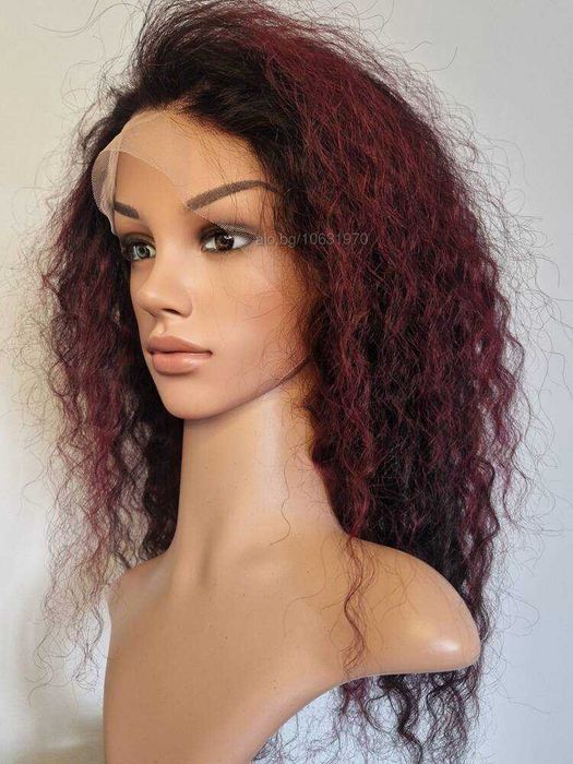 Естествена афро перука черна с тъмно червени кичури с дантела 13х4