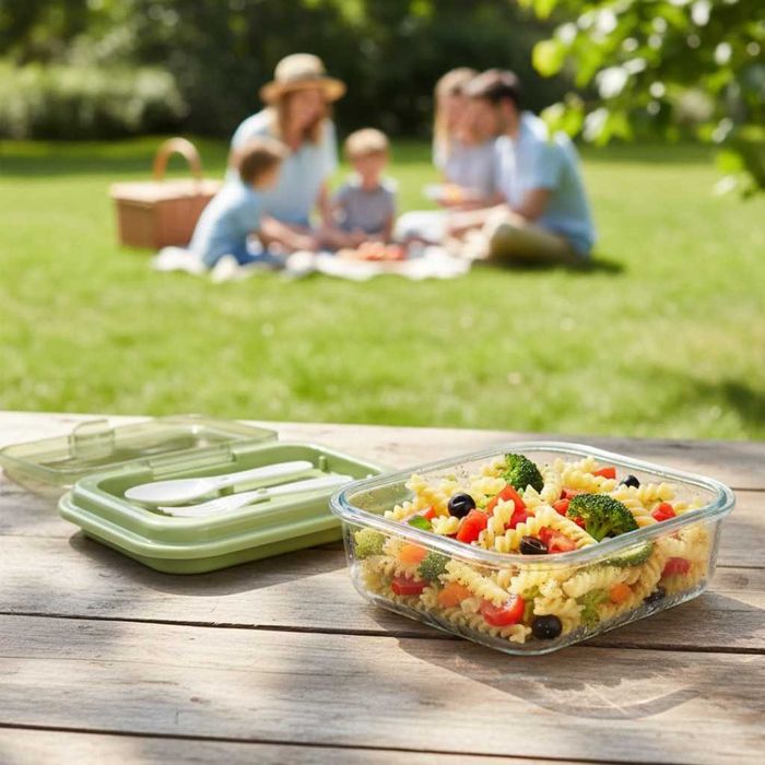 Кутия за обяд  с 3 отделения, вилица и лъжица–компактна кутия за храна