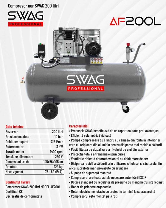 Compresor aer SWAG 200 litri 220V pentru ateliere mici