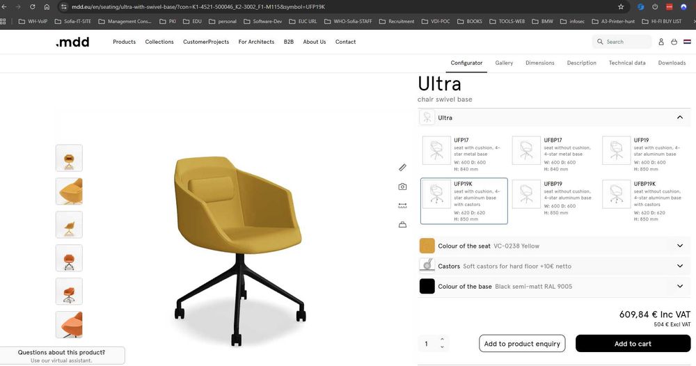 Жълт дизайнерски стол на колела - mdd модел Ultra