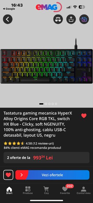 Vand tastatura mecanica hyperx alloy origins 75% seitchuri albastre