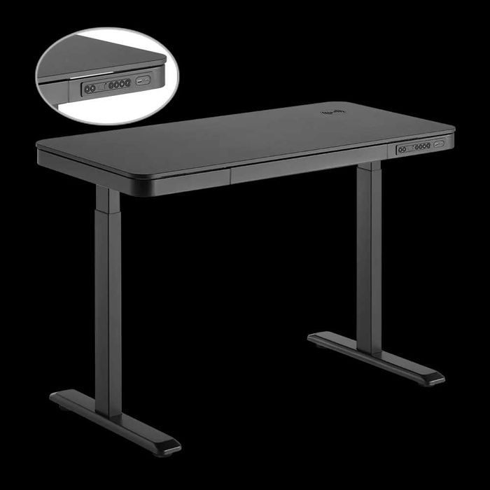 Birou Reglabil Electric StableDesk All-In-One, Incarcare Wireless, Sertar Depozitare Integrat, Suport Carlig pentru Genti/Casti, 118x60 cm - Negru Mat