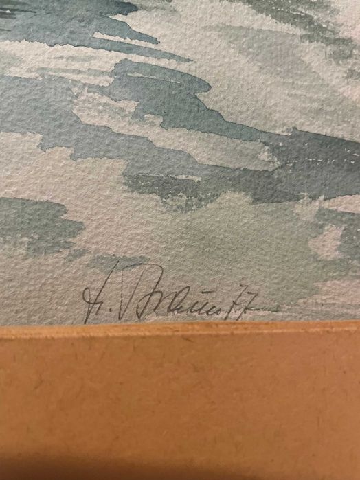 Tablou vechi original, acuarelă pe hârtie, peisaj cu bărci, an 1977, înrămat, semnat