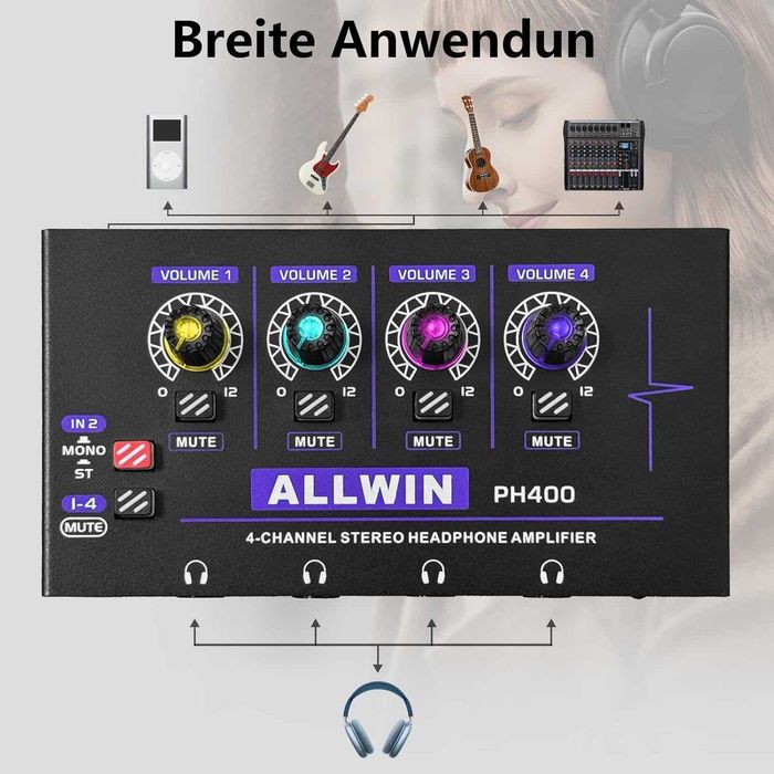 ALLWIN 4-канален мини усилвател за слушалки, метален моно/стерео