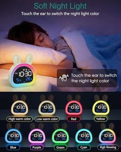 Нов Детски дигитален будилник с 2 аларми RGB светлина зайче лампа стая дете