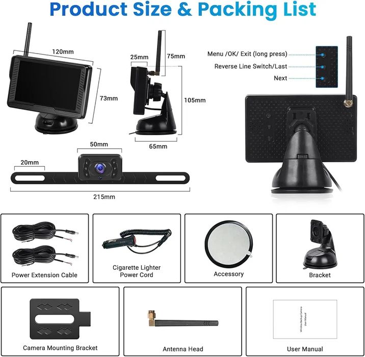 Безжична автомобилна камера за заден ход, HD монитор 4.3 инча, IP69 во