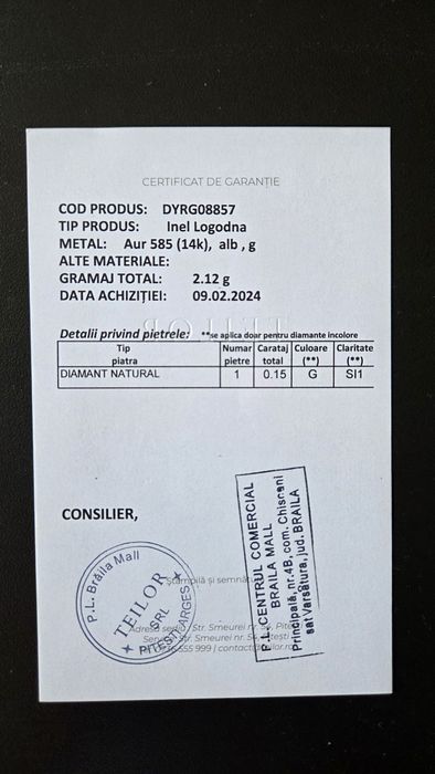 Inel logodna Teilor, aur alb 14k, diamant natural 0.15ct