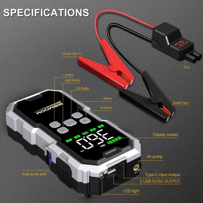 Starter auto BSMOOM, benzina/diesel, 16A, 12V, 21800mAh, compresor