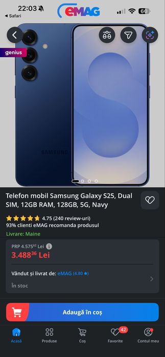 Samsung Galaxy S25, Dual SIM, 12GB RAM, 128GB, 5G, Navy Sigilat ! Acte