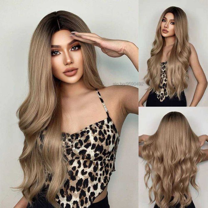 Дълга омбре тъмно руса чуплива перука с тъмни корени