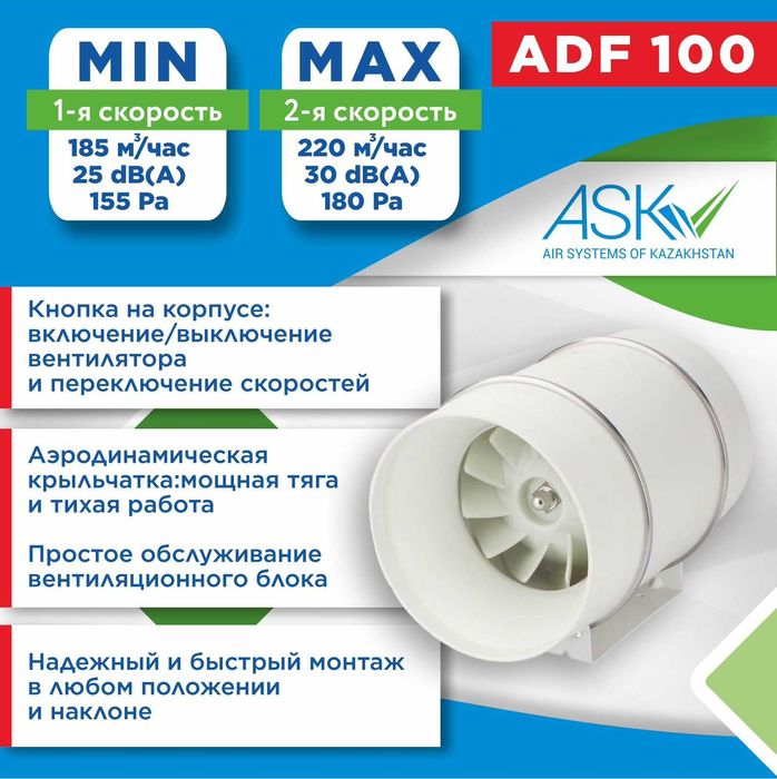 Вентилятор канальный пластиковый двухскоротсной AFD-
100 ASK
