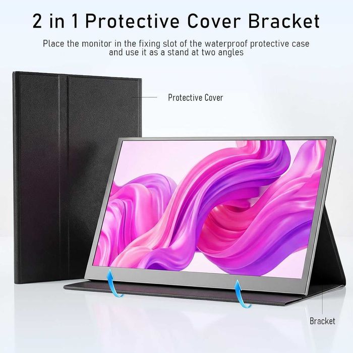 Monitor portabil de 15,6 inch, FHD IPS (1920 x 1080p), antireflex, USB-C și Mini HDMI, cu difuzor integrat și husă de protecție cu suport