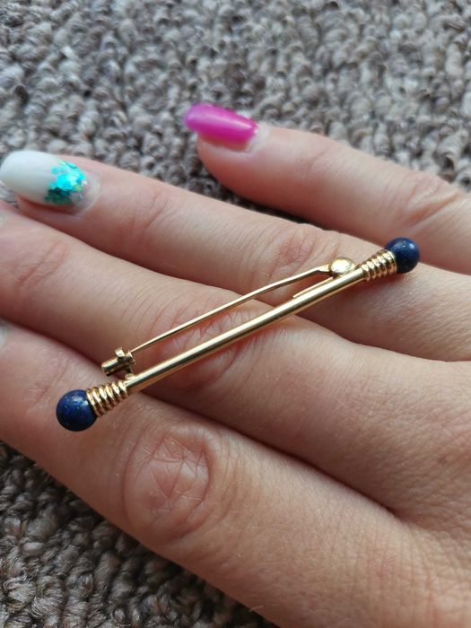 Ac De Par Din Aur Brosa Aur 14K Baston Brooch Lapis Lazuli