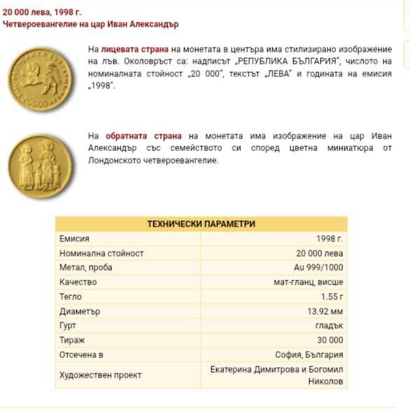 продавам златна възпоменателна монета.-20 000 лева, 1998 г. четвероевангелие на цар Иван Александър