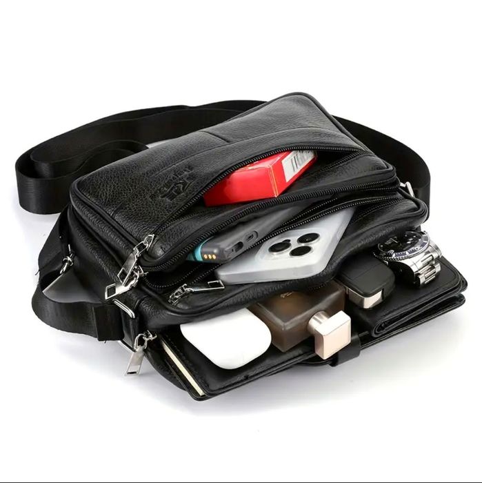 Мъжка квадратна кожена чанта за през рамо/Обемна от черна естест. кожа