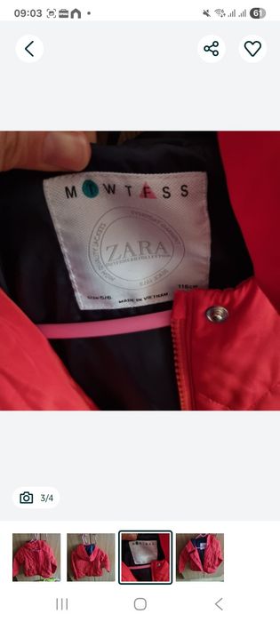 Geaca rosie zara fetita 5- 6 ani