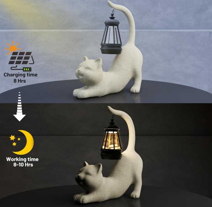 Декоративна статуя Котка със соларно фенерче, градинска фигурка