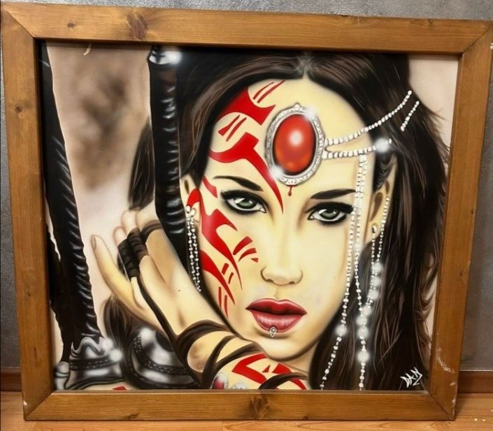 Tablou pictat manual cu aerograf, portret feminin stil fantasy, 80×80